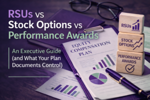 Executive equity compensation documents on a desk showing RSUs, stock options, and performance awards with charts in purple and green brand colors.