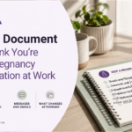 Blog header for Hunter Employment Law titled “What to Document If You Think You’re Facing Pregnancy Discrimination at Work,” with a purple and lilac editorial layout, checklist icons, the Hunter Employment Law logo, and a desk scene showing a notebook, pen, mug, and plant.